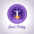 good friday, it is finished text - Jesus Christ Crucified On The Cross and sunset in purple circle layer style vector design