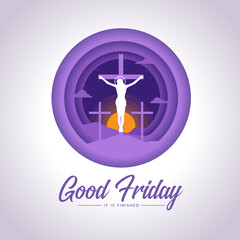 Wall Mural - good friday, it is finished text - Jesus Christ Crucified On The Cross and sunset in purple circle layer style vector design