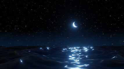 Wall Mural - night background with moon and stars where the moonlight reflects on the surface of the water waves.