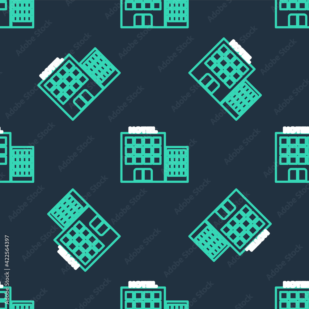 Line Hotel building icon isolated seamless pattern on black background. Vector