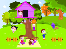Kids Playing With Tree House Cartoon Vector Concept For Banner, Website, Illustration, Landing Page, Flyer, Etc.