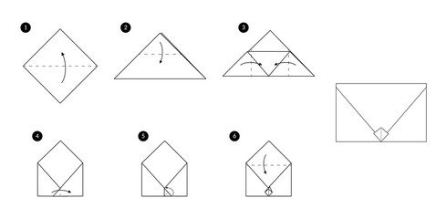 Aufkleber -  Instructions how to make a origami envelope. Monochrome black line step by step DIY illustration.
