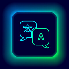 Canvas Print - Glowing neon line Translator icon isolated on black background. Foreign language conversation icons in chat speech bubble. Translating concept. Colorful outline concept. Vector