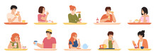 Eating Characters. Men And Women Eating Delicious Food, Characters Having Lunch. People Eating Delicious Meal Vector Illustration Set