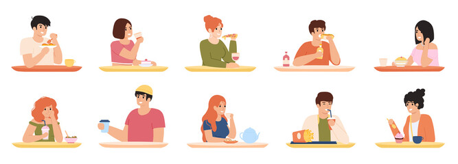 Eating characters. Men and women eating delicious food, characters having lunch. People eating delicious meal vector illustration set