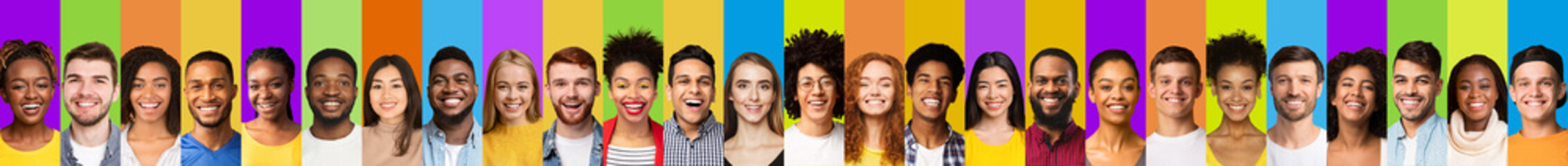 Wall Mural - Millennials Portrait Collage, Row Of Smiling Faces Over Colorful Backgrounds