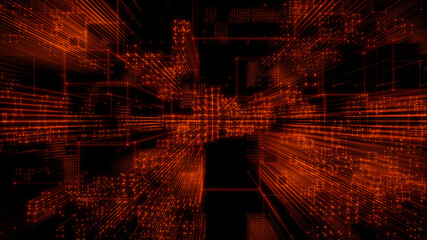 Futuristic, Orange Digital Grid background. Network Tech Wallpaper. 3D Render 