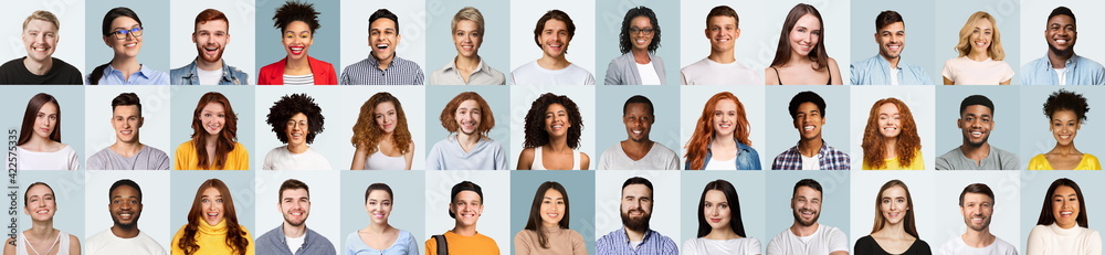 Collection Of Portraits With Cheerful Millennials Posing Over Blue Backgrounds - obrazy, fototapety, plakaty 