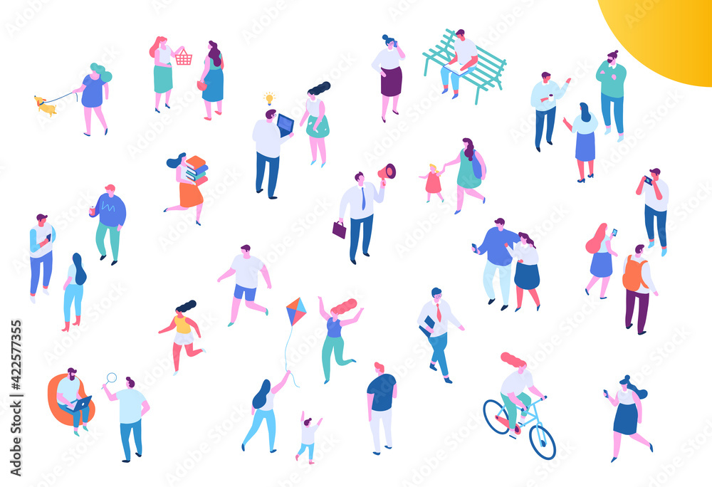 Different Isometric cartoon people vector set. Outdoor activities and Office life. Business people, Teamwork. People walking - obrazy, fototapety, plakaty 