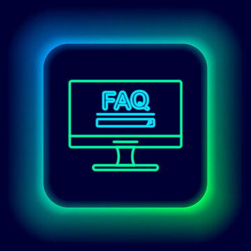 Glowing neon line Computer monitor with text FAQ information icon isolated on black background. Frequently asked questions. Colorful outline concept. Vector