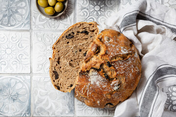 Wall Mural - whole grain Mediterranean bread with olives and oregano