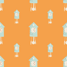 Contrast Seamless Pattern With Light Blue Colored Cuckoo Clock Print. Orange Background. Simple Style.