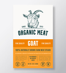 Wall Mural - Organic Meat Abstract Vector Packaging Design or Label Template. Farm Grown Steaks Banner. Modern Typography and Hand Drawn Goat Head Silhouette Background Layout with Soft Shadow
