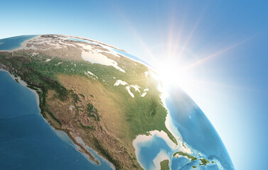 sun shining over a high detailed view of planet earth, focused on north america, usa and canada. 3d 