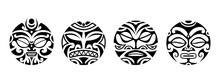 Set Of Round Tattoo Ornament With Sun Face Maori Style. Ethnic, African, Aztec, Indian Totem Mask Collection.
