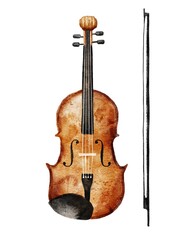 Watercolor violin isolated on white, digital watercolour illustration.