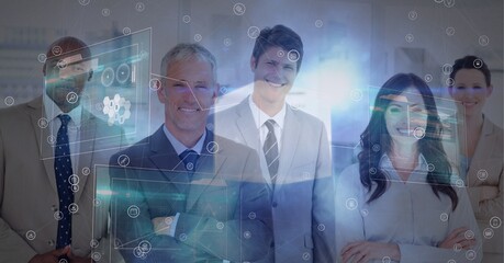 Poster - Digital interface and network of connections against portrait of business people smiling at office