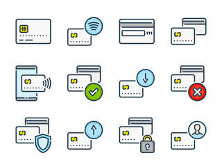Poster - Credit card and Payment related color vector line icons. Online banking and Money transfer colorful outline icon set.