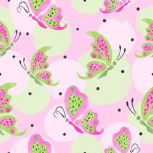 Flying Butterflies Pattern. Vector Seamless Pink And Green Illustration. Fashion Print