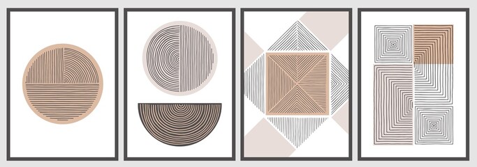 Wall Mural - Abstract minimalist wall art composition in beige, grey, white, black colors. Simple line style. Geometric shapes, circles, squares design. Modern creative hand drawn background.