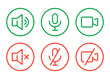 Speaker, Mic and Video Camera active and disabled related icons. Basic color icons for Video Conference, Webinar and Video chat.
