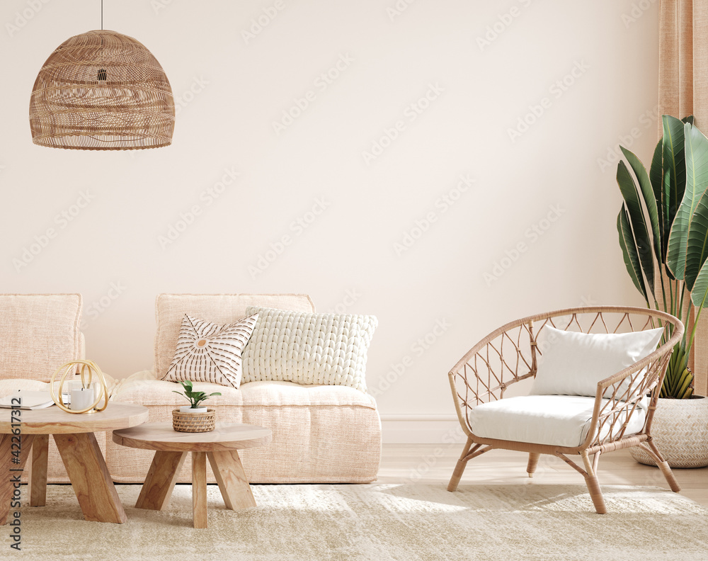 Cozy light home interior mock-up in pastel colors, 3d render - obrazy, fototapety, plakaty 