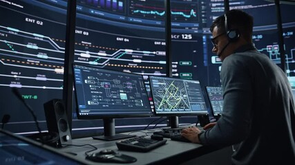 Poster - Professional IT Technical Support Specialist and Software Developer Working on Computer in Monitoring Control Room with Digital Screens. Employee Wears Headphones with Mic and Talking on a Call.