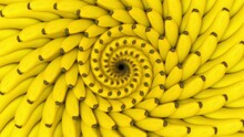 3D bananas swirl flower loop. Abstract circular flower constructed with bananas moving inside out. Loopable animation of fruit swirl.
