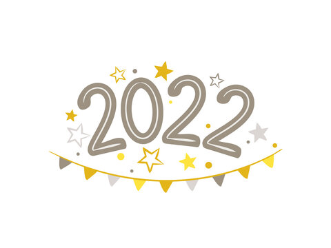 Numbers 2022 with hand drawn stars and garland of flags. New Year's logo for the design of calendars, postcards, diaries. Vector illustration in gray-yellow colors isolated on white background.