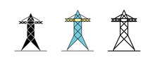 Electric Transfer Pole Icon Design. Set Of Silhouette, Colorful And Linear Electric Tower Icon. Electric Tower Icon Line Vector Illustration Isolated On A Clean Background For Your Web Mobile App.