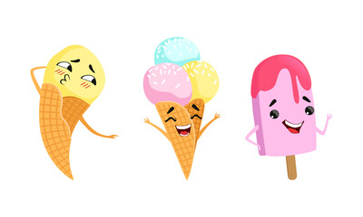 Sticker - Sweet Ice Cream Characters Sending Kiss and Waving Hand Vector Set