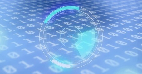 Poster - Animation of scope scanning and binary coding data processing on blue background