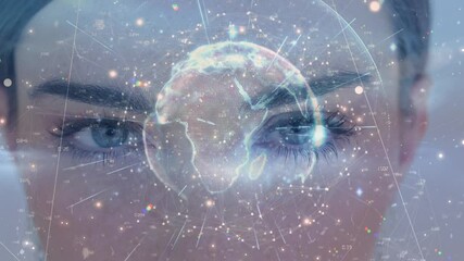 Poster - Animation of globe with networks of connections over woman's face