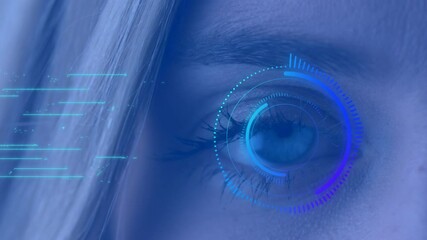 Sticker - Animation of data processing and scope scanning over woman's eye