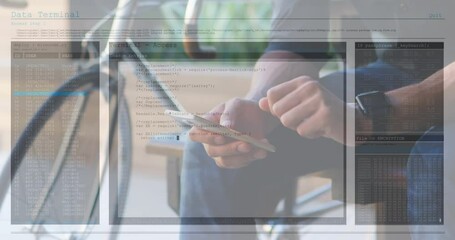 Poster - Animation of data processing on computer screens over man using smartphone