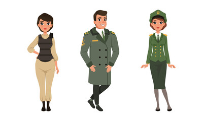 Wall Mural - Man and Woman Standing in Military Uniform Vector Set