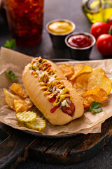 Sticker - Traditional american hot dog with mustard and ketchup