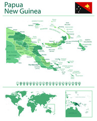  Papua New Guinea detailed map and flag. Papua New Guinea on world map.