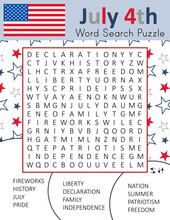 Independence Day (4th July) Word Search Puzzle For Learning English Words. Holiday Crossword. Logic Game. Patriotism Theme. Suitable For Social Media Post. Printable Worksheet. Vector Illustration.