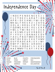 Independence Day (4th July) word search puzzle for learning English words. Holiday crossword. Logic game. Patriotism theme. Suitable for social media post. Printable worksheet. Vector illustration.