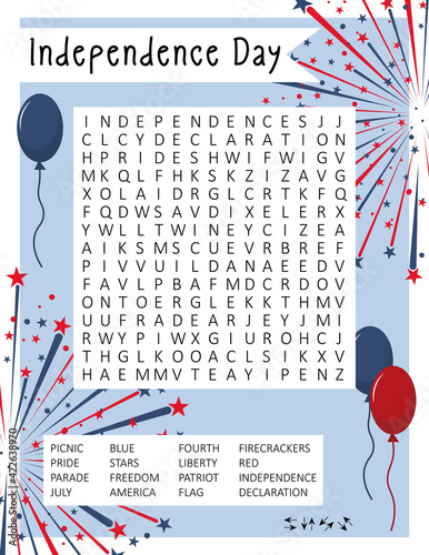 Independence Day (4th July) word search puzzle for learning English