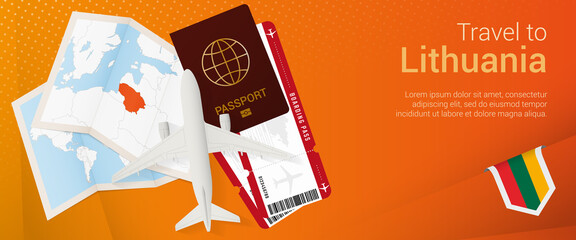 travel to lithuania pop-under banner. trip banner with passport, tickets, airplane, boarding pass, m