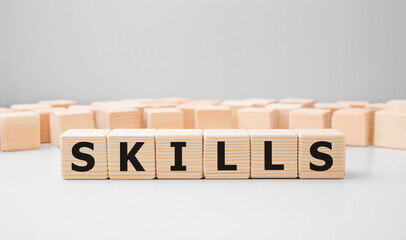 Aufkleber - Word SKILLS made with wood building blocks