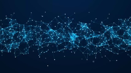 Leinwandbilder - Abstract network of moving glowing dots and lines. Network or digital connection. Technology background. 3d rendering. 4K. Seamless loop.