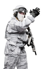 Male in soldier (snow camouflage) uniform with weapon. Shot in studio. Isolated with clipping path on white background