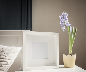 Canvas Print - easter spring still life. card mockup, hyacinth in flower pot, Scandinavian interior