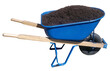 Spring wheelbarrow filled with mulch. Isolated.