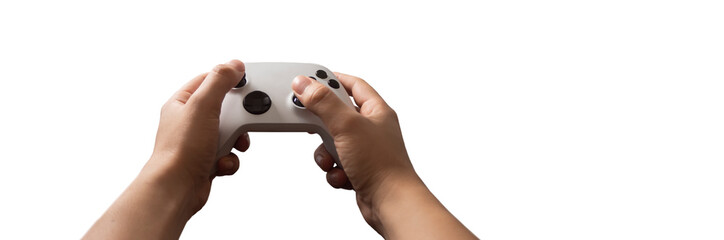 Sticker - Man hands holding a game controller on white background.