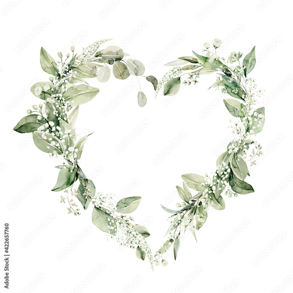 Watercolor floral wreath of greenery. Hand painted frame heart of green eucalyptus leaves, forest fern, gypsophila isolated on white background. Botanical illustration for design, print - obrazy, fototapety, plakaty 