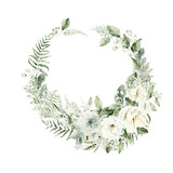Fototapeta  - Watercolor floral wreath of greenery. Hand painted frame of white flowers,  green eucalyptus leaves, forest fern, gypsophila isolated on white background. Botanical illustration for design, print